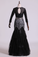 Black Mermaid Evening Dresses Scoop Open Back Long Sleeves Tulle & Lace With Beading