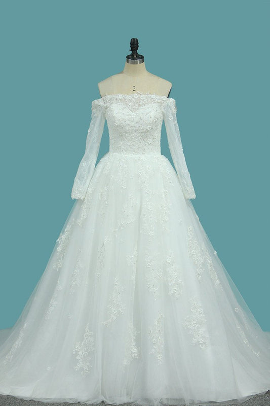 2024 Boat Neck Tulle Wedding Dresses A Line With Applique And Beads Chapel Train