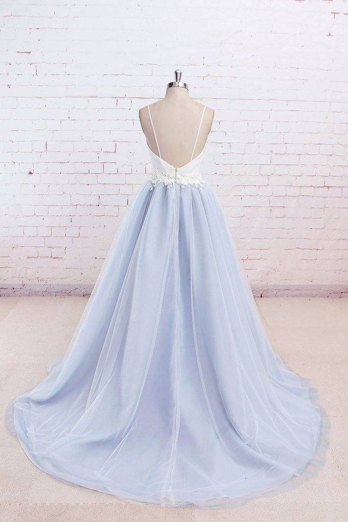 Baby Blue Tulle Long Simple Flower Senior Prom Dress With White Top,Long Tulle Evening Dress