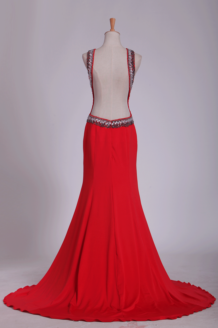 2022 Prom Dresses Sheath Scoop Spandex With Beading Open Back Sweep Train