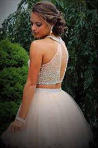 Sparkle Two Pieces Halter Open Back Pink Sleeveless Beads Tulle Homecoming Dress JS952