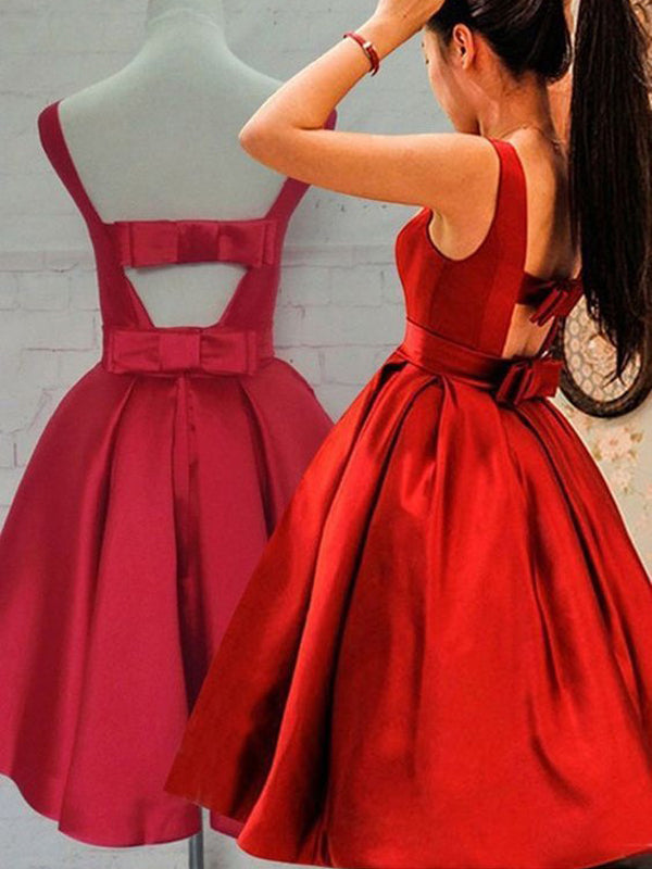 2024 A-Line Scoop Neck Sleeveless Ruched Bowknot Jacquelyn Homecoming Dresses Satin Back Cut Out Tea-Length