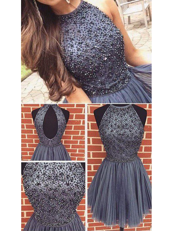 2024 A-Line Halter Sleeveless Homecoming Dresses Grace Beaded Pleated Cut Out Cut Short/Mini