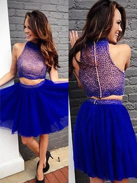 2024 A-Line Halter Sleeveless Two Piece Beading Tulle Cut Homecoming Dresses Janey Short/Mini