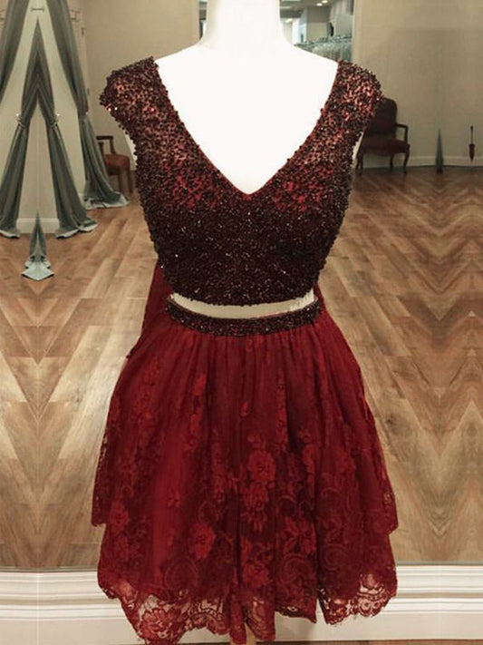 2024 A-Line V Neck Cap Sleeve Two Piece Beading Judith Homecoming Dresses Lace Cut Short/Mini