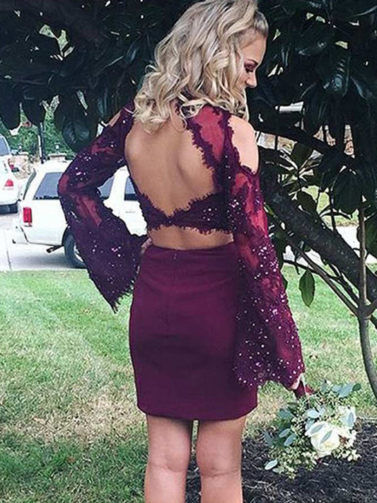 2024 Sheath/Column Halter Long Sleeve Cut Out Back Applique Beading Two Piece Cut Val Homecoming Dresses Short/Mini