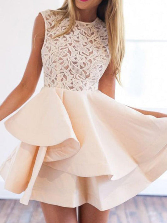 2024 A-Line Jewel Neck Sleeveless Layers Homecoming Dresses Meghan Lace Cut Short/Mini