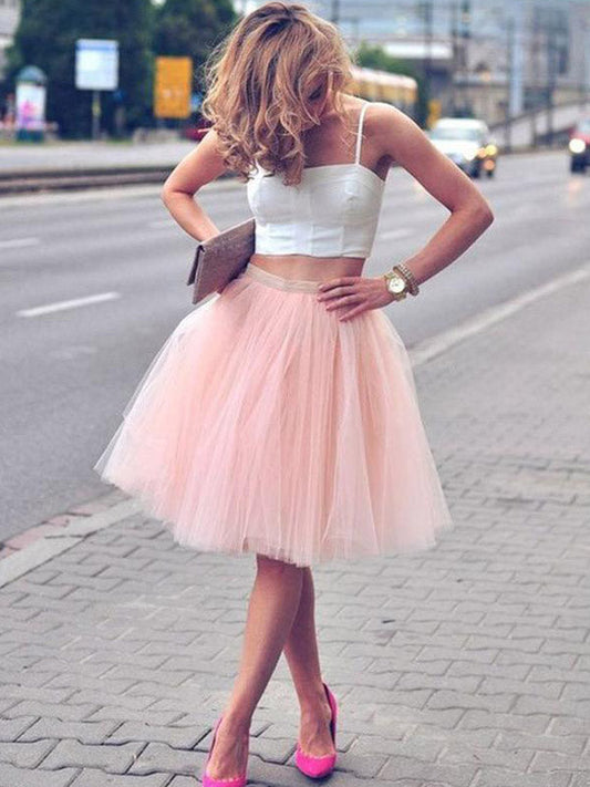 Two Piece Ball Gown Tulle Square Neck Straps Sleeveless LuLu Homecoming Dresses Knee-Length