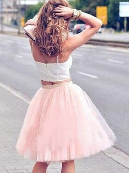 Two Piece Ball Gown Tulle Square Neck Straps Sleeveless LuLu Homecoming Dresses Knee-Length