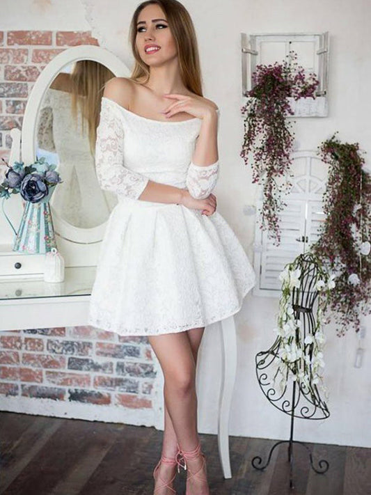 Ball Gown Lace Homecoming Dresses Brisa White 3/4 Sleeve Off-The-Shoulder Cut Short/Mini
