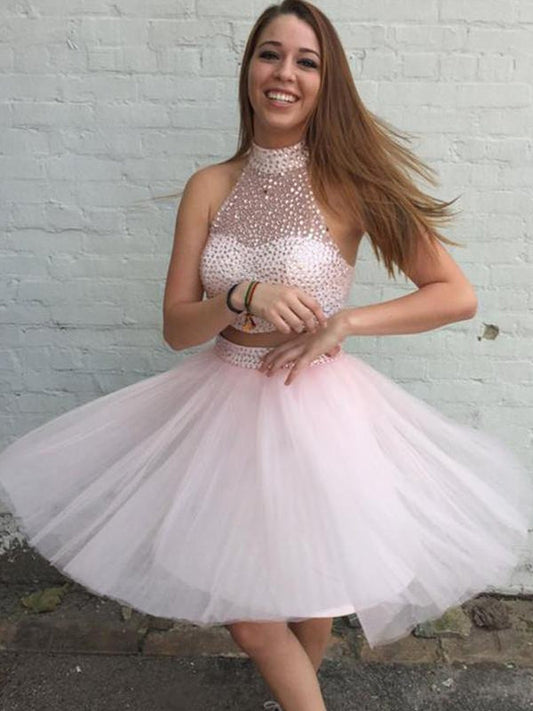 Two Piece High Neck Open Back Pink Homecoming Dresses Jaylyn Beading Pearl