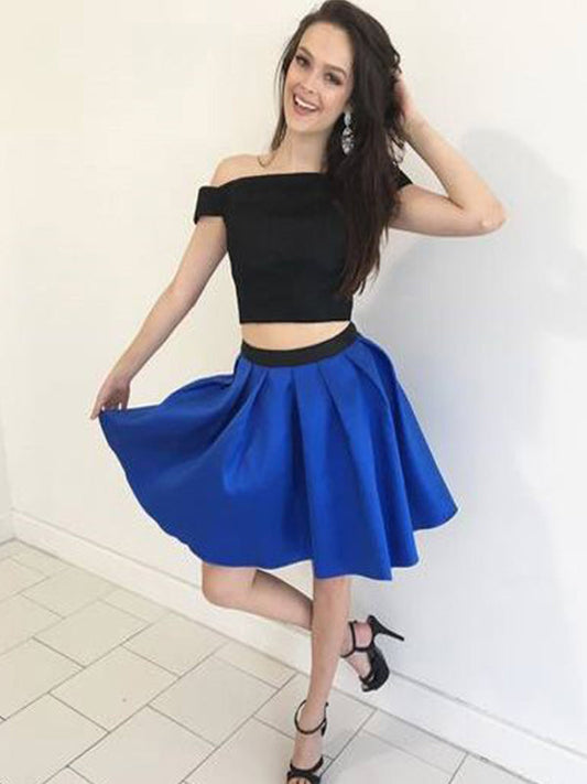 Two Piece Off-The-Shoulder Satin Homecoming Dresses Salma Pleated Cut Short Mini