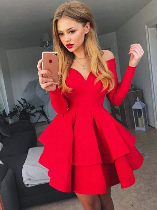 Long Sleeve Sweetheart Homecoming Dresses Perla Off-The-Shoulder Layers Cut Short Mini