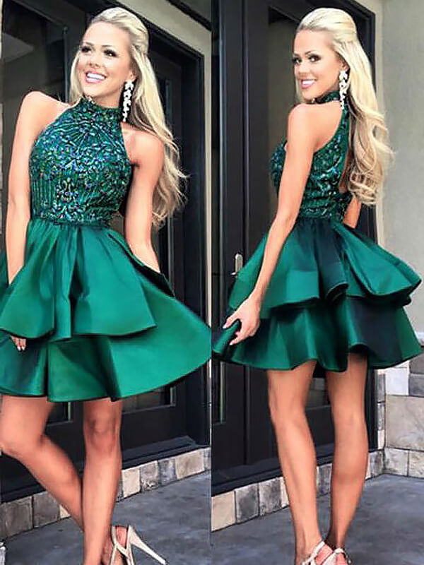 Ball Gown Layers Halter Sleeveless Cut Out Back Sequin Beaded Cut Short Brylee Homecoming Dresses Mini