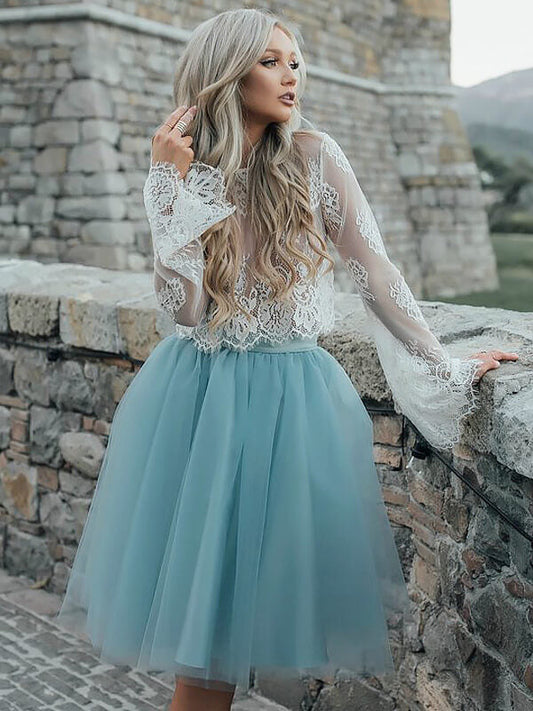 Two Piece See Through Scoop Neck Long Sleeve Makenna Homecoming Dresses Lace Tulle Ball Gown Knee-Length