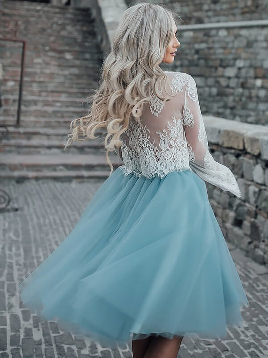 Two Piece See Through Scoop Neck Long Sleeve Makenna Homecoming Dresses Lace Tulle Ball Gown Knee-Length