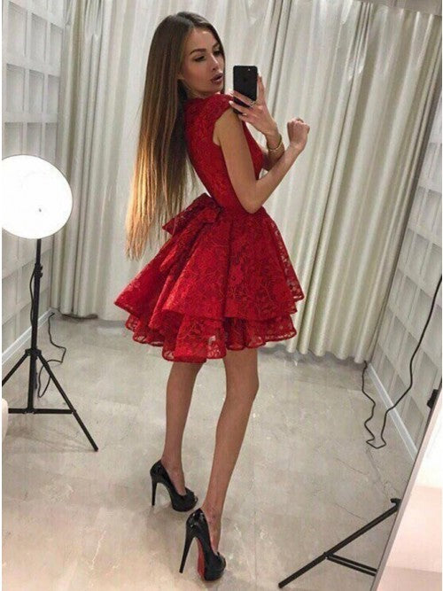 Cap Sleeves Homecoming Dresses A Line Lace Leyla Jewel Red Tiered Short Flowers Pleated