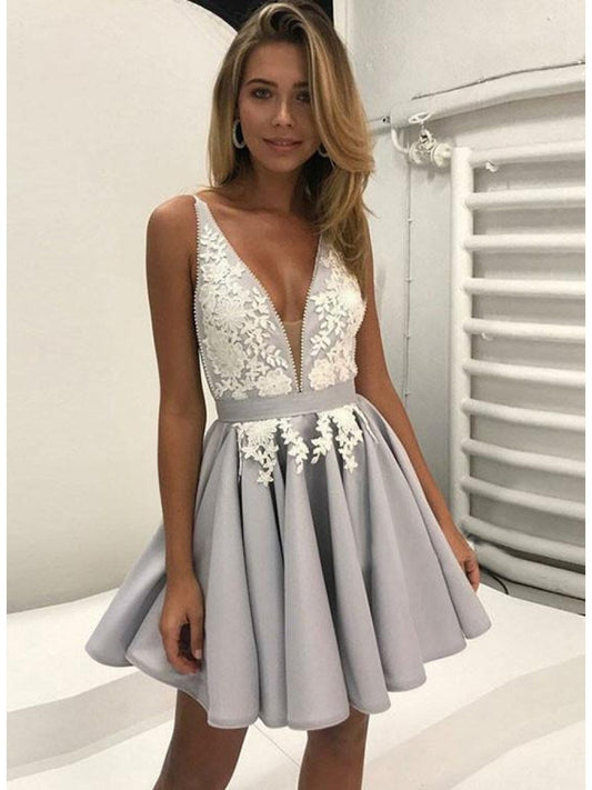Silver Deep V Neck Straps Aileen A Line Lace Homecoming Dresses Satin Appliques Pleated Flowers