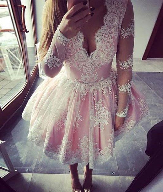 Long Sleeve Deep V Monique Lace Homecoming Dresses Pink Neck Ball Gown Flowers Pleated