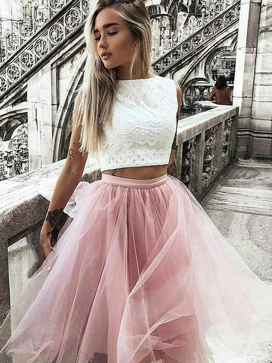 Halter Jewel Lace Pink Amy Homecoming Dresses Two Pieces A Line Tulle Pleated Sleeveless