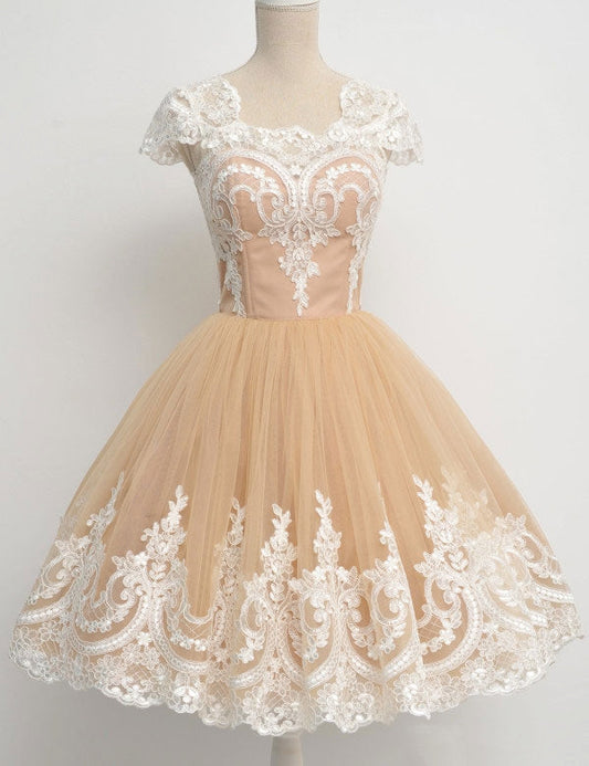 Square Neck Champagne Cap Sleeve Tulle Pleated Rowan Lace A Line Homecoming Dresses Appliques