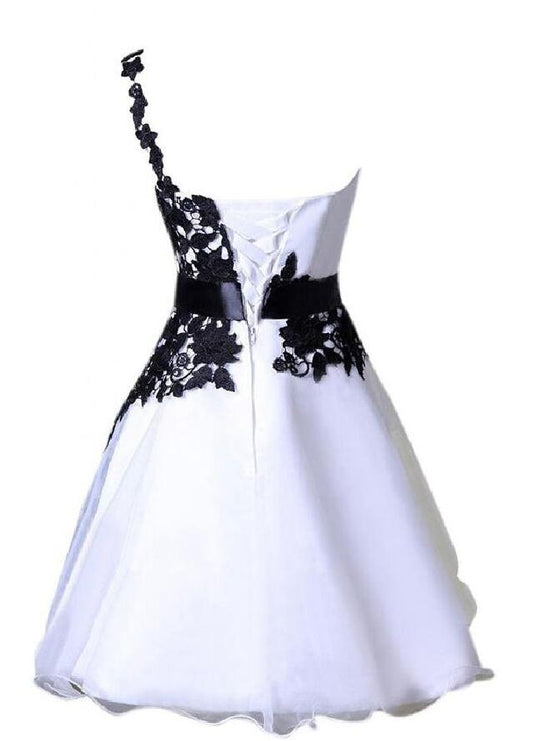 Amina Lace Satin Homecoming Dresses A Line One Shoulder Up White Appliques Flowers