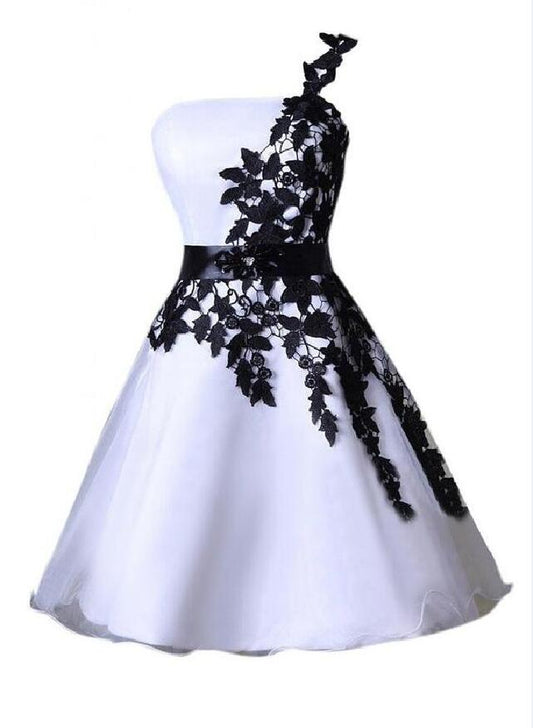 Amina Lace Satin Homecoming Dresses A Line One Shoulder Up White Appliques Flowers