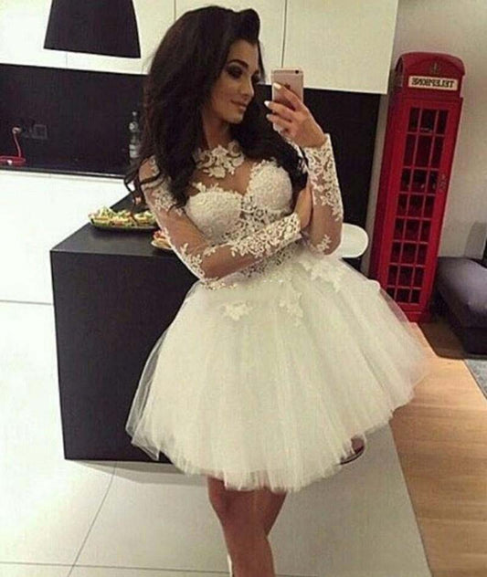 Jewel Homecoming Dresses Lace A Line Avah Long Sleeve Appliques Pleated Tulle Sheer Short