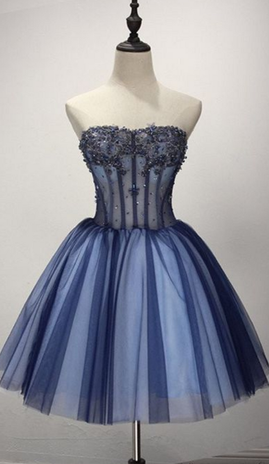 Strapless Ball Gown Homecoming Dresses Kenley Appliques Tulle Beaded Pleated Dark Blue Cute Elegant