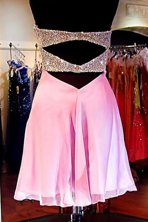 Strapless Sweetheart Pleated Lea A Line Homecoming Dresses Pink Chiffon Sexy Beaded Cut Out