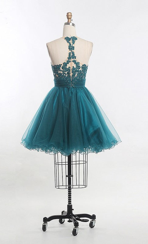 Scoop Homecoming Dresses Elsa A Line Sleeveless Sheer Appliques Tulle Pleated Ruched Backless