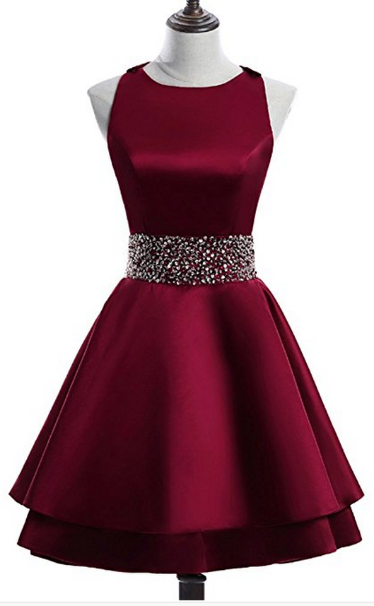 Scoop Violet A Line Satin Homecoming Dresses Tiered Sleeveless Rhinestone Burgundy Pleated