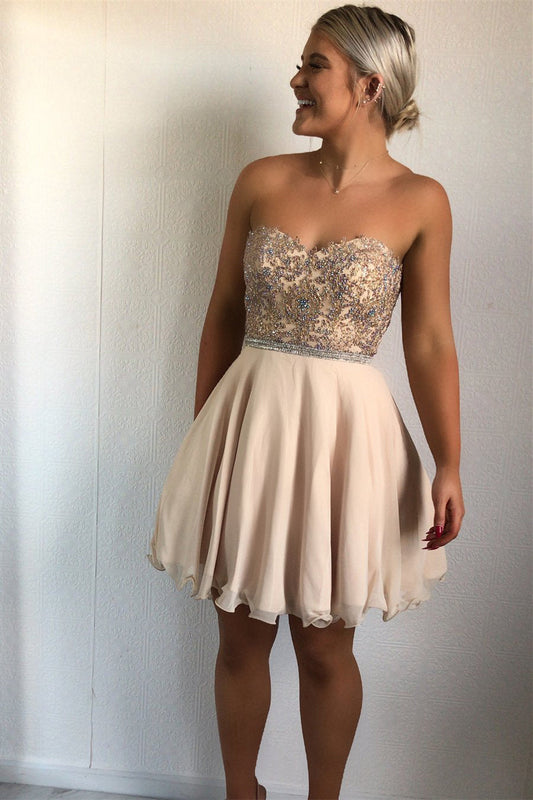 Strapless Lucy A Line Chiffon Homecoming Dresses Sweetheart Rhinestone Beaded Pleated Backless