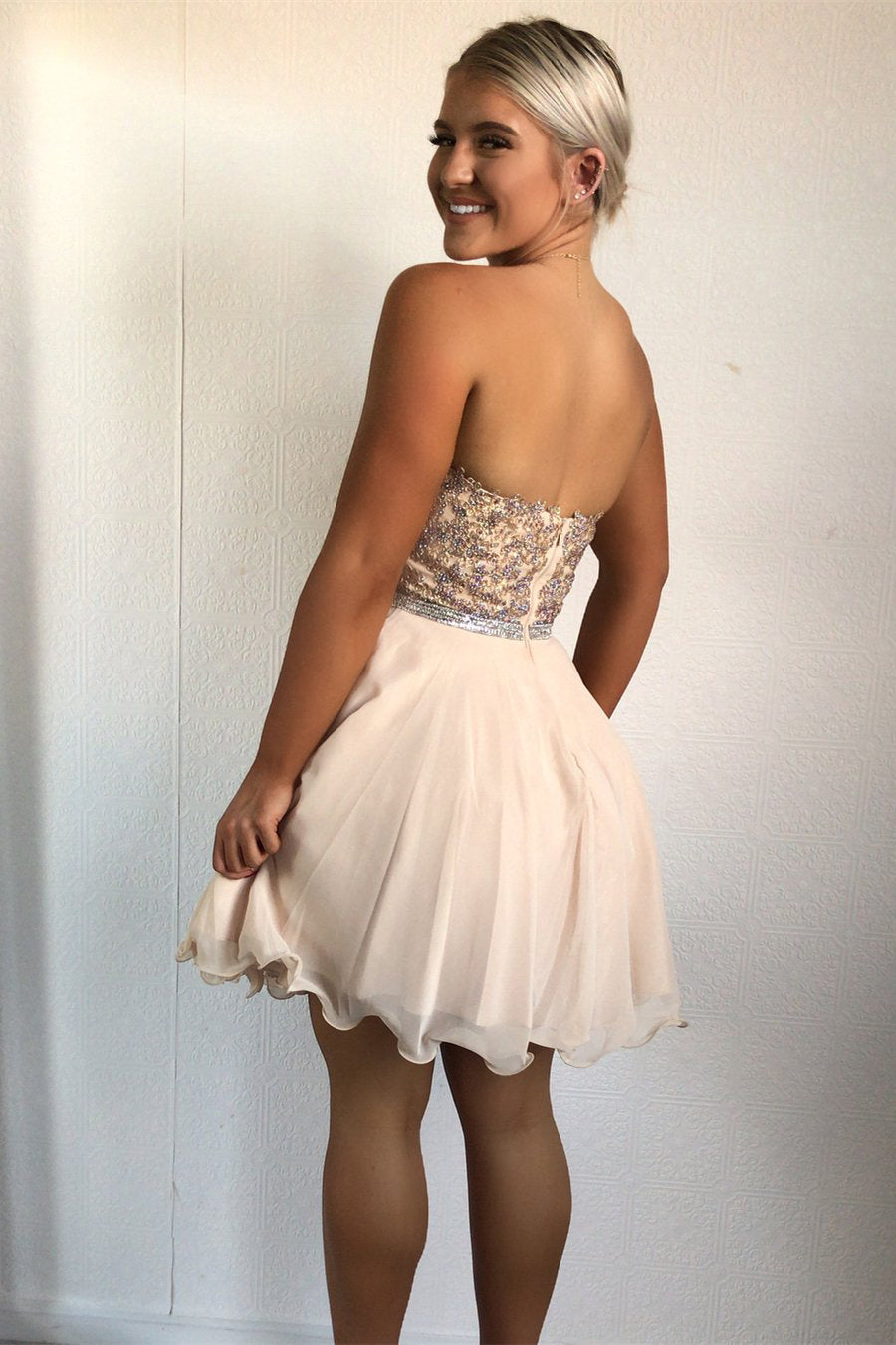 Strapless Lucy A Line Chiffon Homecoming Dresses Sweetheart Rhinestone Beaded Pleated Backless