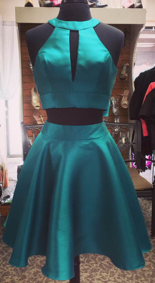 Halter Sleeveless Two Pieces Homecoming Dresses Corinne Satin A Line Cut Out Bow Knot Teal Pleated