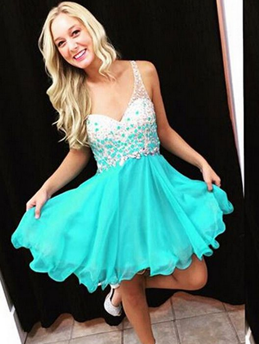 Sleeveless Deep V Neck Backless Rhinestone Teal Pleated Homecoming Dresses Chiffon Kailyn Cut Out