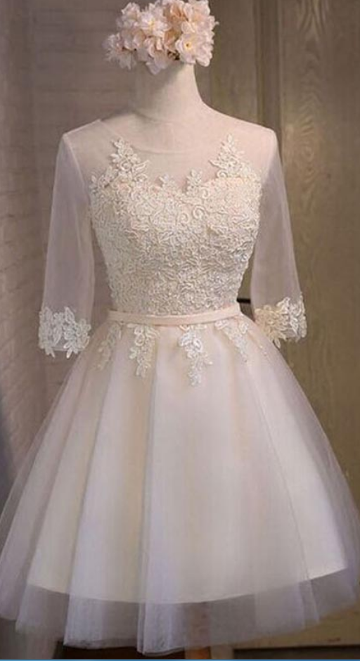 Half Ivory Amirah Homecoming Dresses A Line Lace Sleeve Sheer Scoop Appliques Tulle Cut Out Pleated Up