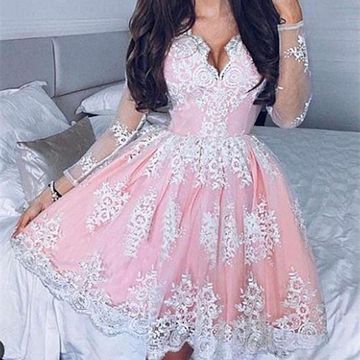 Long Sleeve Ball Gown Pleated Deep V Neck Homecoming Dresses Lace Isla Pink Sheer Flowers Mini