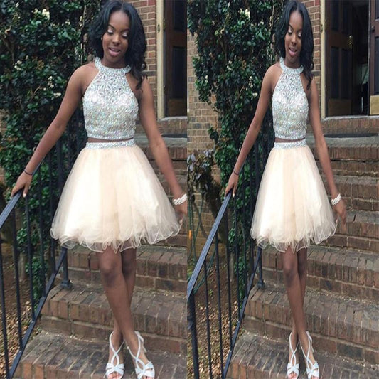 Halter Homecoming Dresses Two Pieces Kaylee A Line Ivory Organza Sleeveless Rhinestone Beading