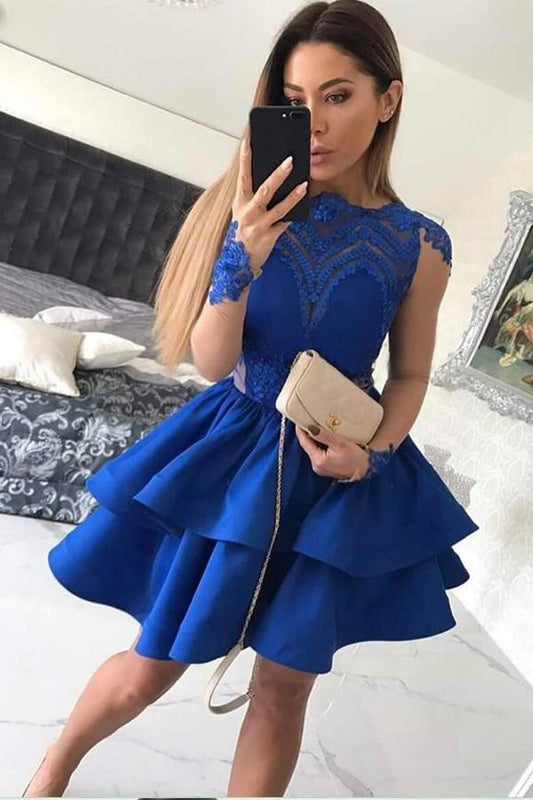 Jewel Long Sleeve Appliques Tiered Karly Homecoming Dresses Satin Royal Blue Lace Short