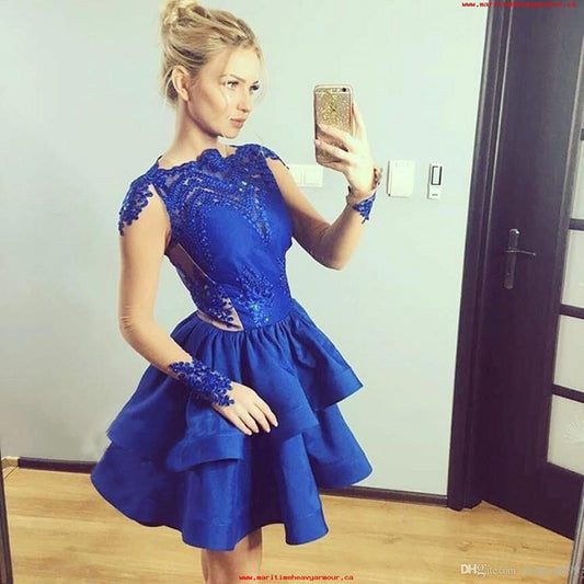 Jewel Long Sleeve Appliques Tiered Karly Homecoming Dresses Satin Royal Blue Lace Short