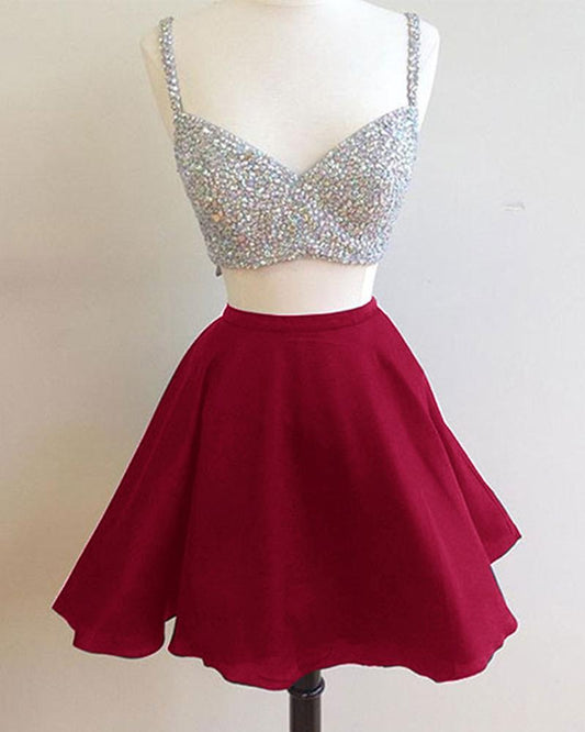 V Chiffon Adrienne A Line Two Pieces Homecoming Dresses Neck Sleeveless Rhinestone Sparkle Pleated