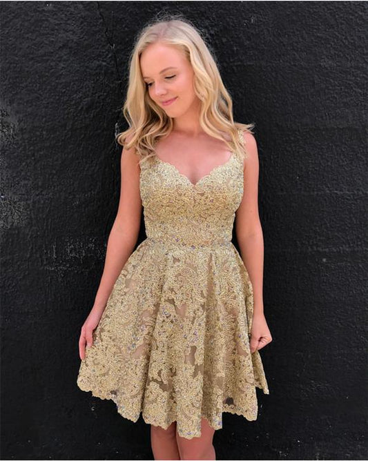 Gold V Neck Sleeveless Appliques Homecoming Dresses Karen A Line Lace Pleated Flowers Backless