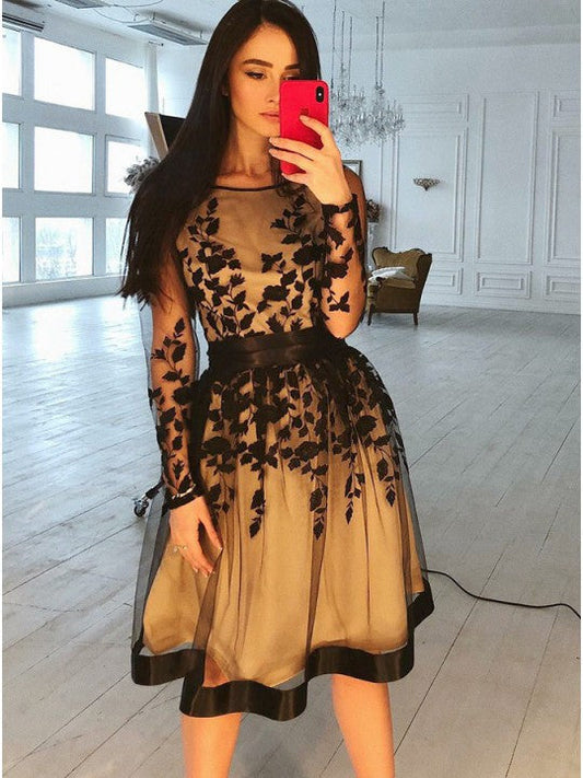 Long Sleeve Flowers Scoop Sheer Appliques Organza Pleated Lace Anahi Homecoming Dresses Knee Length