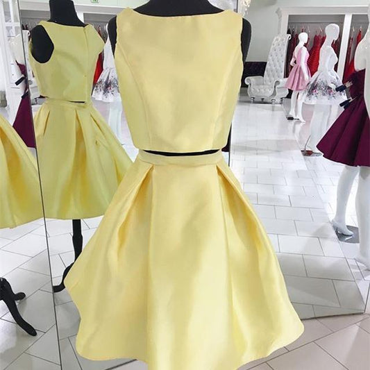 Bateau Sleeveless Pleated Simple Philippa A Line Two Pieces Satin Homecoming Dresses Light Yellow
