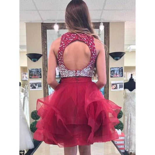 Jewel Sleeveless Rhinestone Homecoming Dresses A Line Adison Two Pieces Organza Ruffles Backless