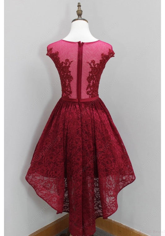 Cap Sleeve Scoop Sheer Pleated Ann A Line Homecoming Dresses Lace Burgundy High Low Flowers
