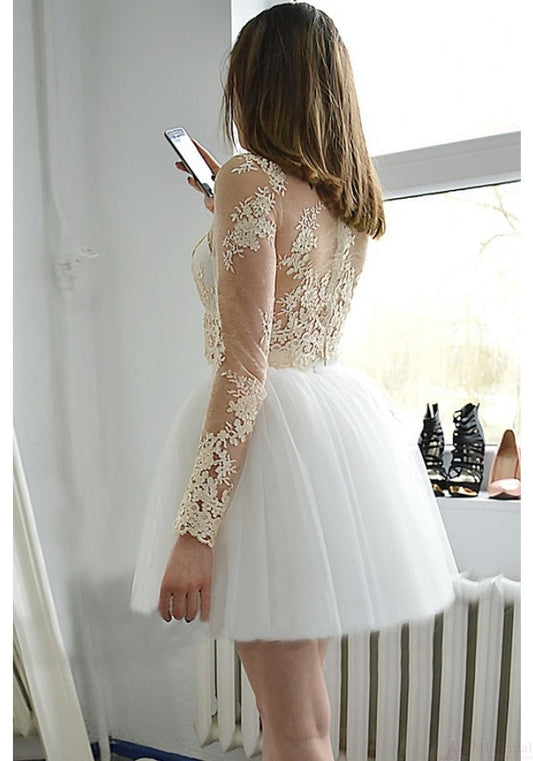 Lace Homecoming Dresses Dayana Long Sleeve White Jewel Appliques Tulle Cut Out Sheer Ball Gown