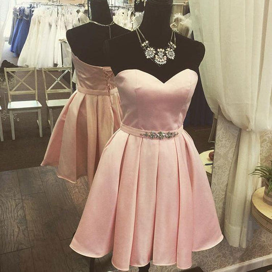 Pink A Line Makena Lace Homecoming Dresses Satin Strapless Sweetheart Backless Pleated Rhinestone Up