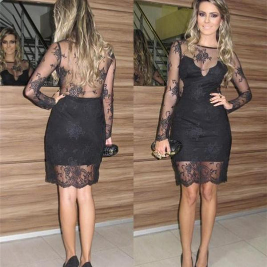 Sexy Black Long Homecoming Dresses Belen Lace Sleeve Sheath Sheer Back Flowers See Through